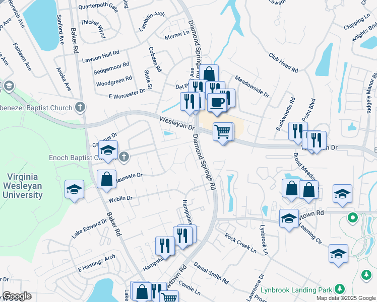 map of restaurants, bars, coffee shops, grocery stores, and more near 845 Tuition Drive in Virginia Beach