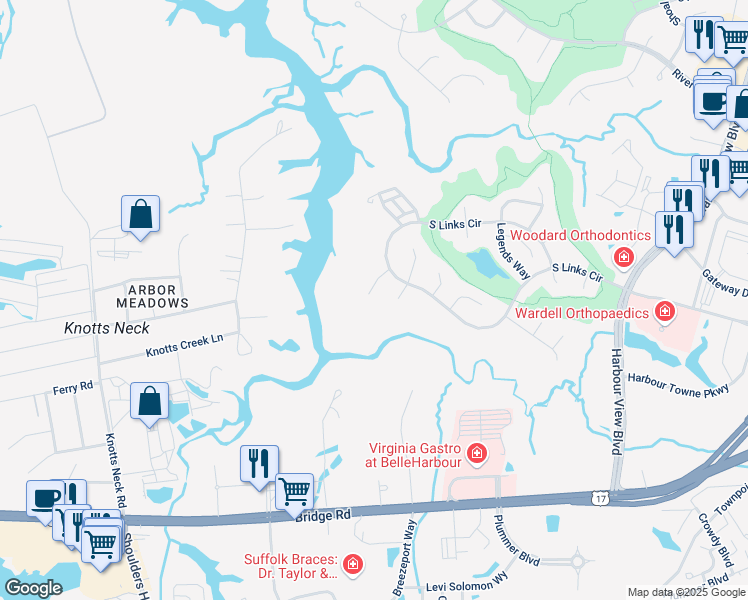 map of restaurants, bars, coffee shops, grocery stores, and more near 5309 Doral Woods Court in Suffolk