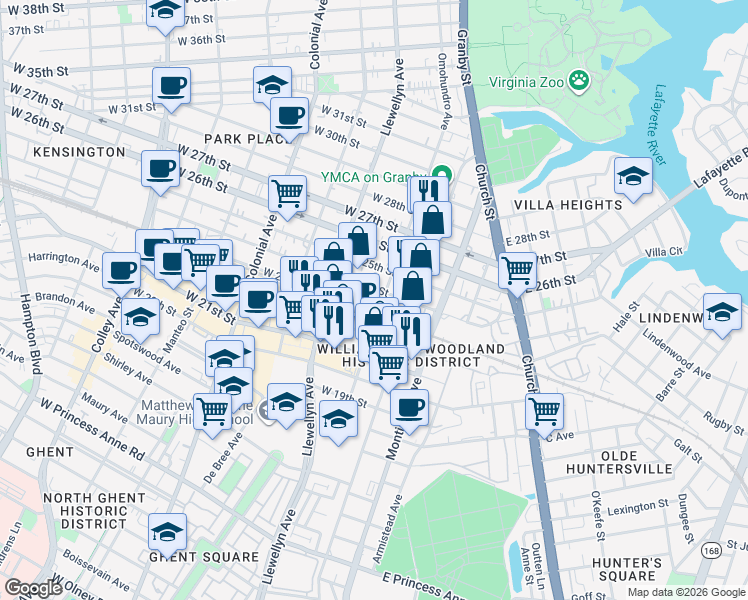 map of restaurants, bars, coffee shops, grocery stores, and more near 201 West 24th Street in Norfolk