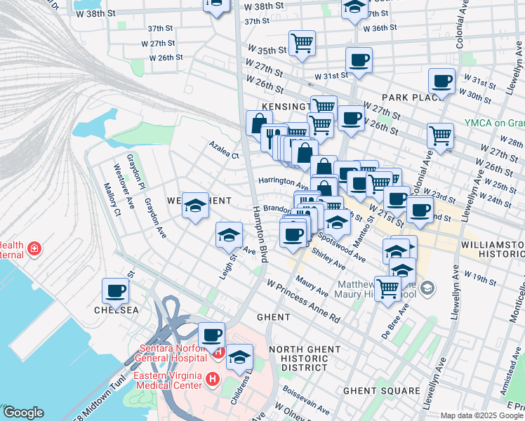 map of restaurants, bars, coffee shops, grocery stores, and more near 937 Brandon Avenue in Norfolk