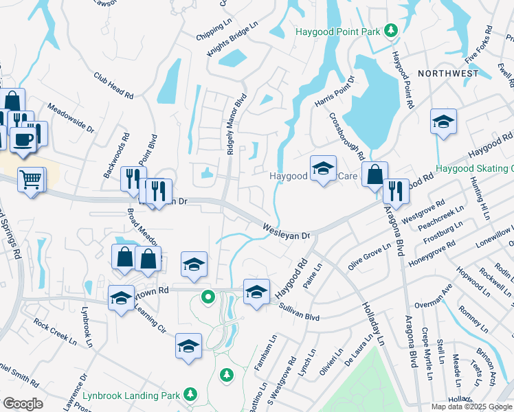map of restaurants, bars, coffee shops, grocery stores, and more near Gamston Lane in Virginia Beach