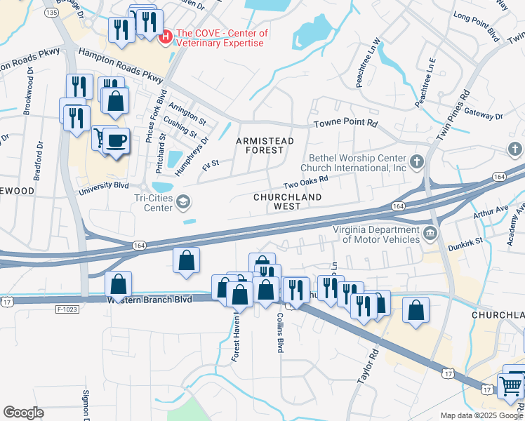 map of restaurants, bars, coffee shops, grocery stores, and more near 3700 Kenny Lane in Portsmouth