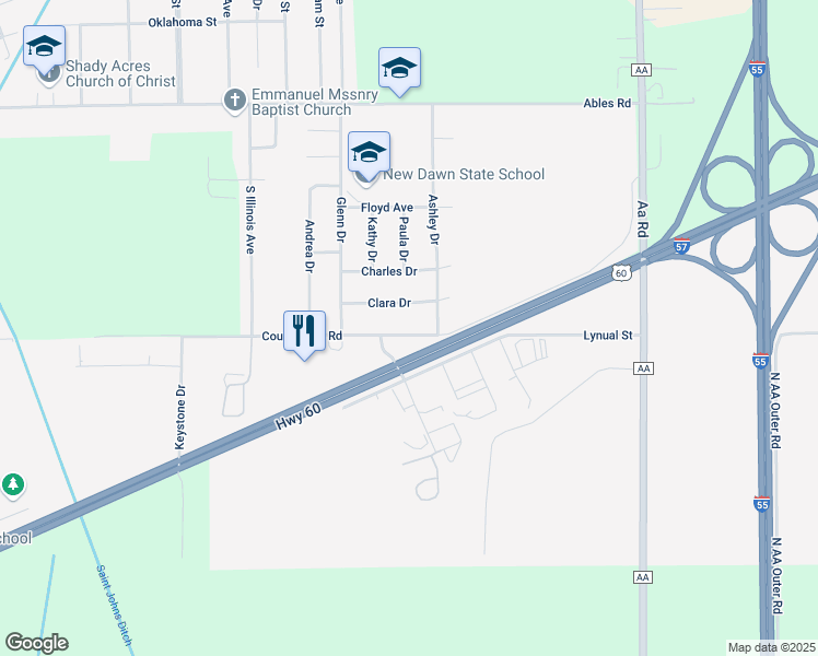 map of restaurants, bars, coffee shops, grocery stores, and more near 316 County Line Road in Sikeston