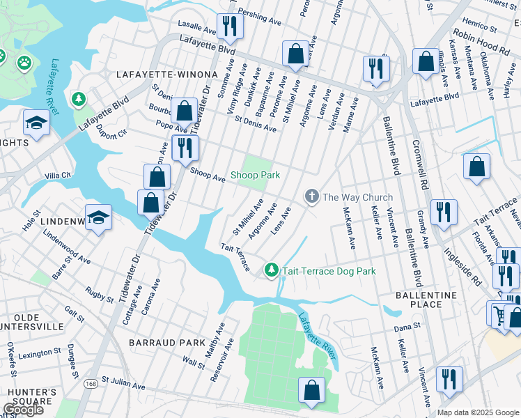 map of restaurants, bars, coffee shops, grocery stores, and more near 2720 Saint Mihiel Avenue in Norfolk