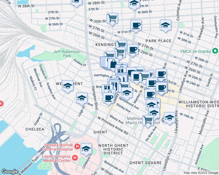 map of restaurants, bars, coffee shops, grocery stores, and more near 832 Brandon Avenue in Norfolk