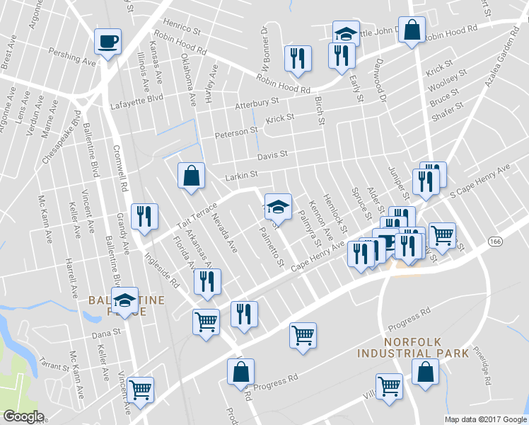 map of restaurants, bars, coffee shops, grocery stores, and more near 2505 Rush Street in Norfolk
