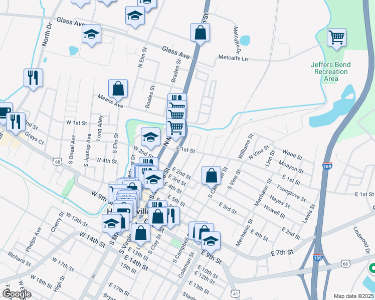 map of restaurants, bars, coffee shops, grocery stores, and more near 209 Crescent Street in Hopkinsville