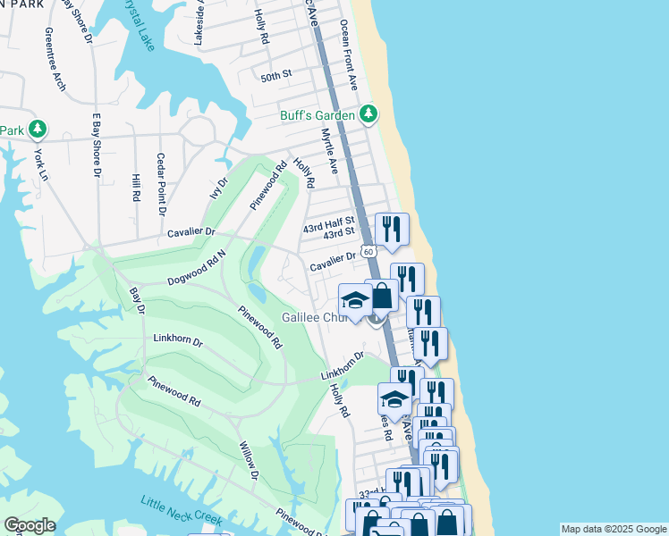 map of restaurants, bars, coffee shops, grocery stores, and more near 4119 Bungalow Court in Virginia Beach