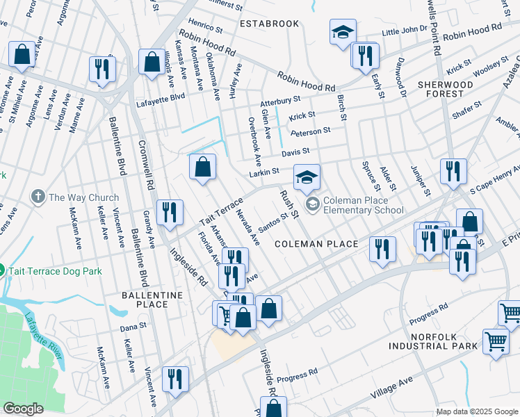 map of restaurants, bars, coffee shops, grocery stores, and more near 2524 Minnesota Avenue in Norfolk