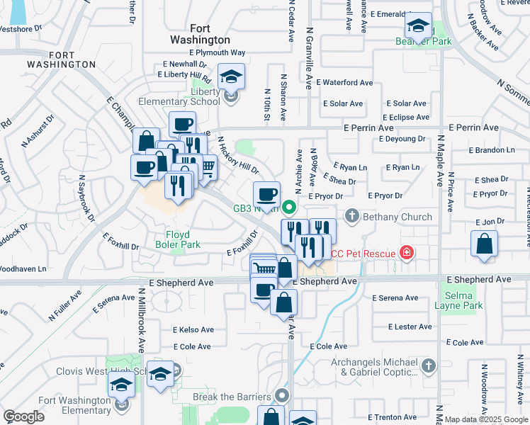 map of restaurants, bars, coffee shops, grocery stores, and more near 1383 East Saint James Circle in Fresno
