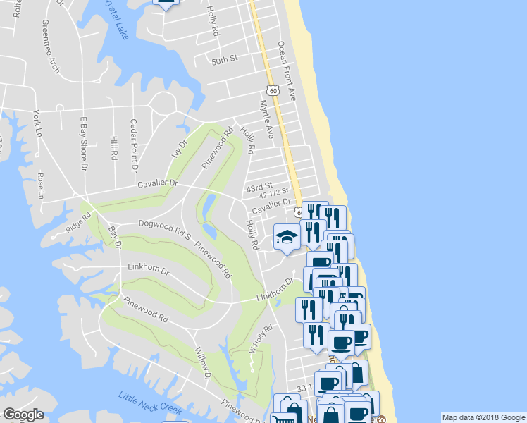 map of restaurants, bars, coffee shops, grocery stores, and more near 317 Cavalier Drive in Virginia Beach