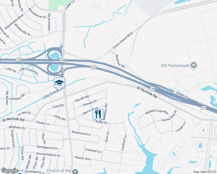 map of restaurants, bars, coffee shops, grocery stores, and more near 4800 Wycliff Road in Portsmouth