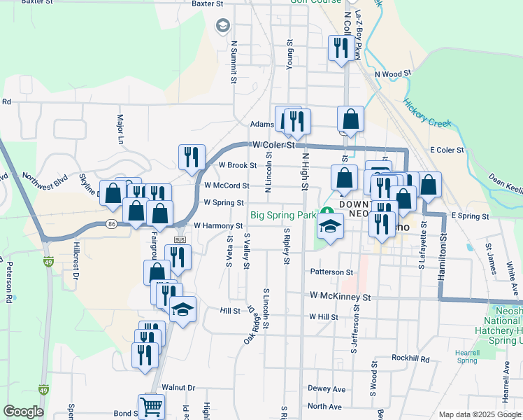map of restaurants, bars, coffee shops, grocery stores, and more near 517 West Spring Street in Neosho