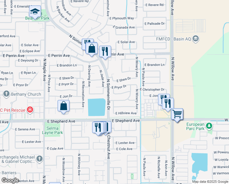 map of restaurants, bars, coffee shops, grocery stores, and more near 2573 East Pryor Drive in Fresno