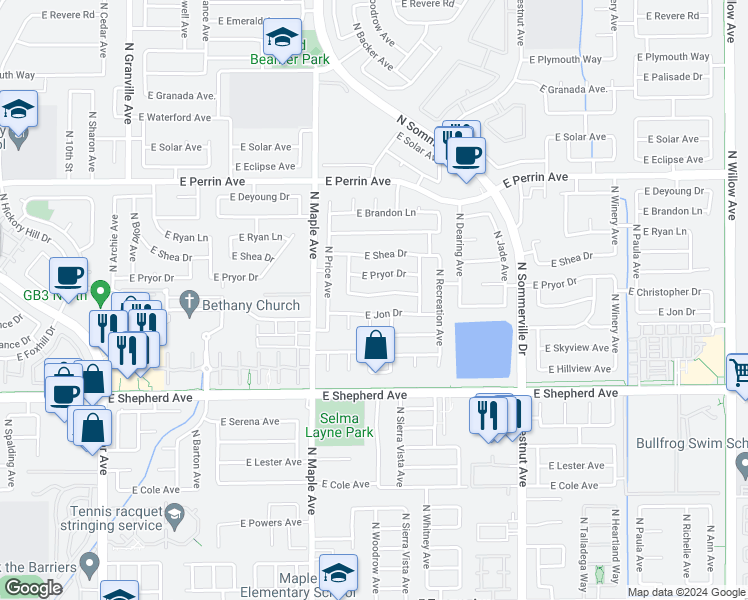 map of restaurants, bars, coffee shops, grocery stores, and more near 2137 East Christopher Drive in Fresno