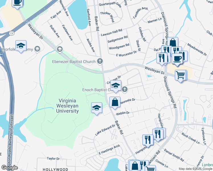 map of restaurants, bars, coffee shops, grocery stores, and more near 5687 Campus Drive in Virginia Beach
