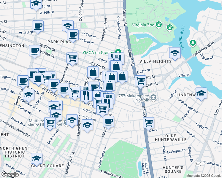 map of restaurants, bars, coffee shops, grocery stores, and more near 2410 Granby Street in Norfolk
