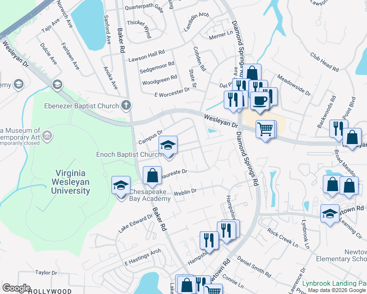 map of restaurants, bars, coffee shops, grocery stores, and more near 5569 Keydet Drive in Virginia Beach