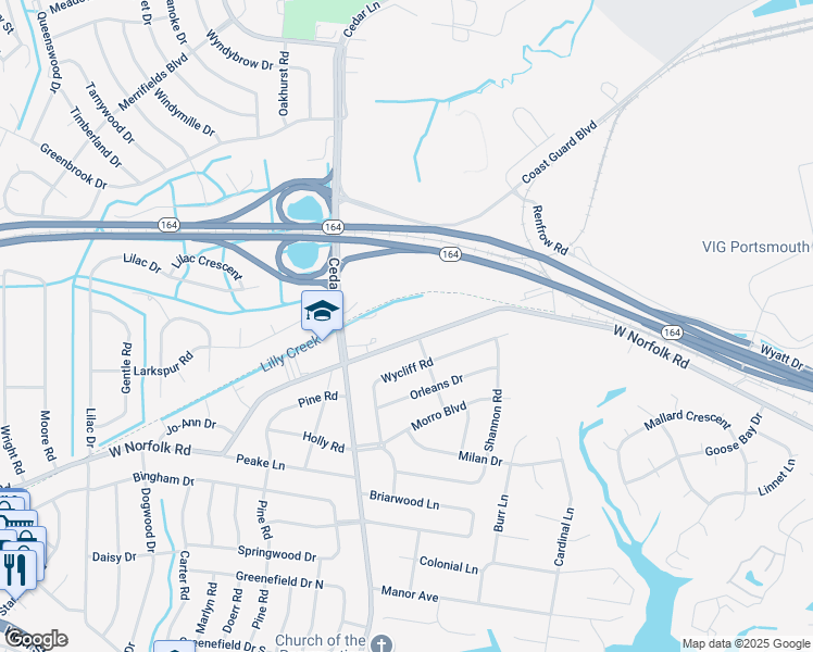 map of restaurants, bars, coffee shops, grocery stores, and more near 4900 West Norfolk Road in Portsmouth