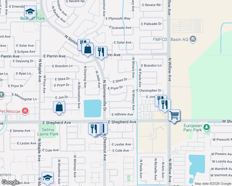 map of restaurants, bars, coffee shops, grocery stores, and more near 2573 East Pryor Drive in Fresno