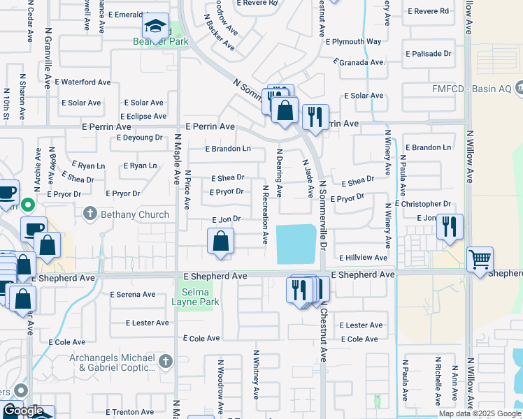 map of restaurants, bars, coffee shops, grocery stores, and more near 9218 North Recreation Avenue in Fresno