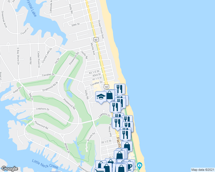 map of restaurants, bars, coffee shops, grocery stores, and more near 205 Cavalier Drive in Virginia Beach