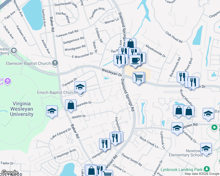 map of restaurants, bars, coffee shops, grocery stores, and more near 5557 Frog Pond Lane in Virginia Beach
