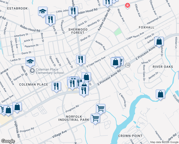 map of restaurants, bars, coffee shops, grocery stores, and more near 1554 Miltate Avenue in Norfolk