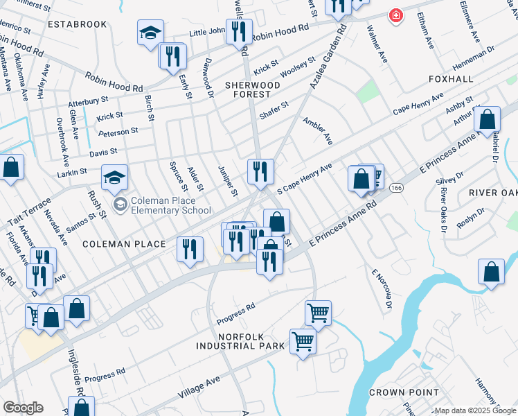 map of restaurants, bars, coffee shops, grocery stores, and more near 4645 Cape Henry Avenue in Norfolk