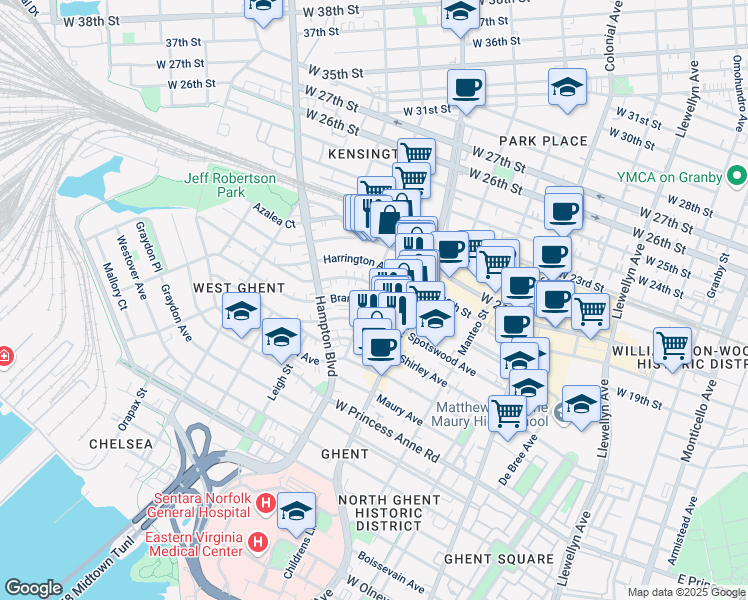 map of restaurants, bars, coffee shops, grocery stores, and more near 900 Brandon Avenue in Norfolk