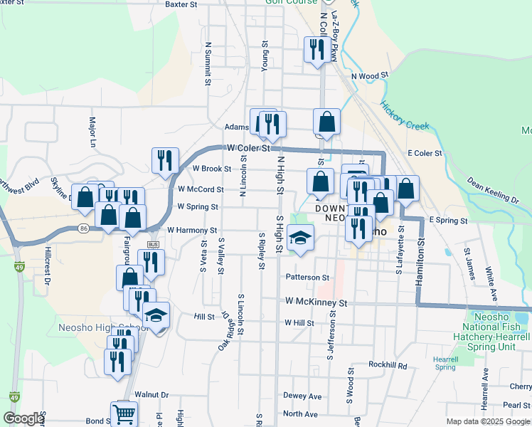 map of restaurants, bars, coffee shops, grocery stores, and more near 415 West Spring Street in Neosho