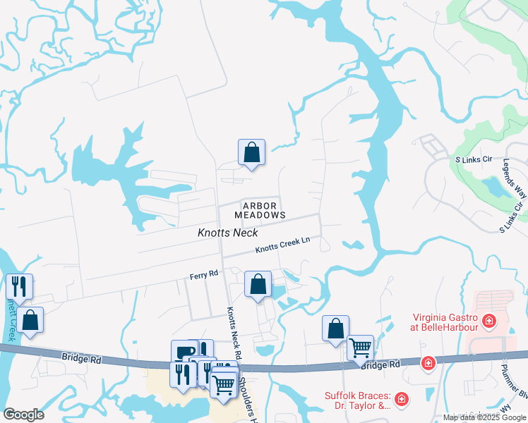 map of restaurants, bars, coffee shops, grocery stores, and more near 3725 Concord Drive in Suffolk