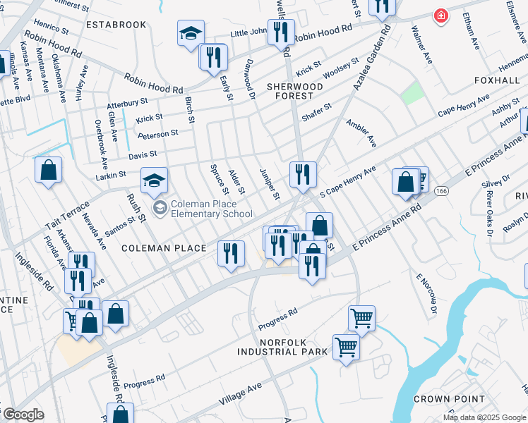 map of restaurants, bars, coffee shops, grocery stores, and more near 4614 Cape Henry Avenue in Norfolk