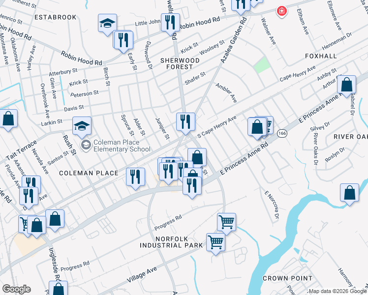 map of restaurants, bars, coffee shops, grocery stores, and more near 4645 Cape Henry Avenue in Norfolk