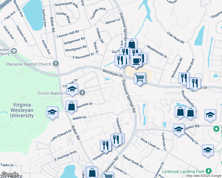map of restaurants, bars, coffee shops, grocery stores, and more near 5557 Frog Pond Lane in Virginia Beach