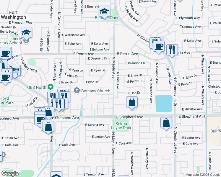 map of restaurants, bars, coffee shops, grocery stores, and more near 9203 North Maple Avenue in Fresno