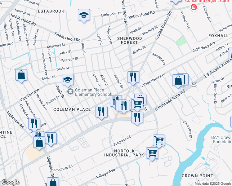 map of restaurants, bars, coffee shops, grocery stores, and more near 4614 Cape Henry Avenue in Norfolk