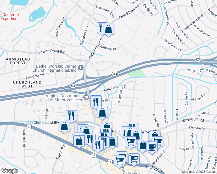 map of restaurants, bars, coffee shops, grocery stores, and more near 6104 Arthur Ave in Portsmouth