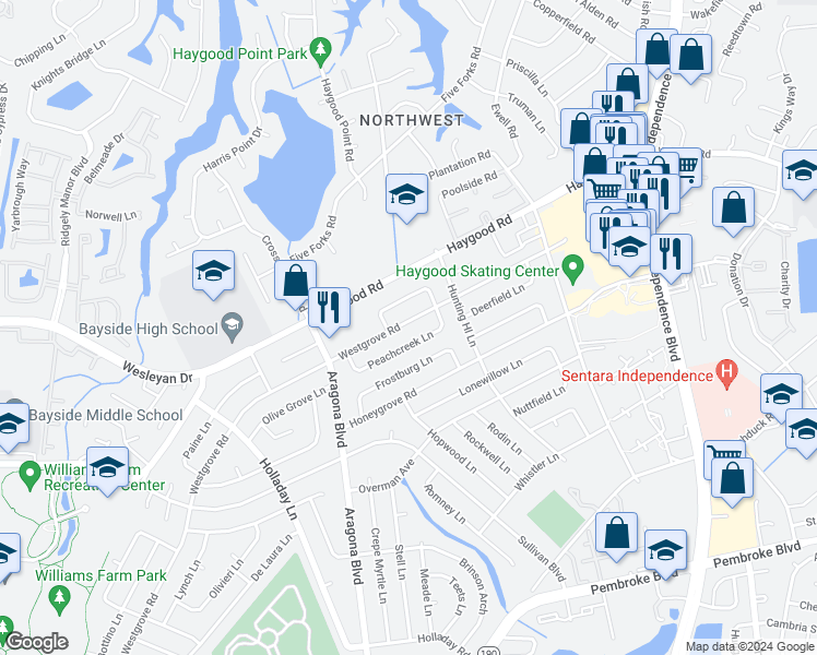 map of restaurants, bars, coffee shops, grocery stores, and more near 4825 Westgrove Road in Virginia Beach