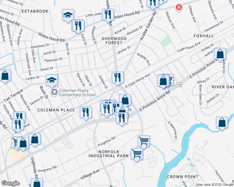 map of restaurants, bars, coffee shops, grocery stores, and more near 4645 Cape Henry Avenue in Norfolk