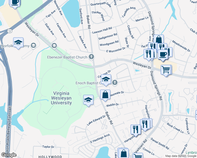 map of restaurants, bars, coffee shops, grocery stores, and more near 5687 Campus Drive in Virginia Beach
