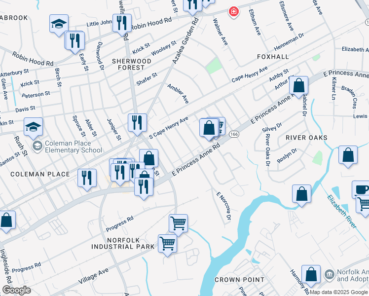 map of restaurants, bars, coffee shops, grocery stores, and more near 1521 Norcova Avenue in Norfolk