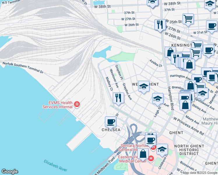 map of restaurants, bars, coffee shops, grocery stores, and more near 1339 Mallory Ct in Norfolk