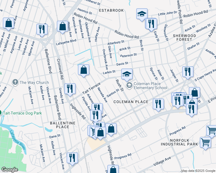 map of restaurants, bars, coffee shops, grocery stores, and more near 2524 Minnesota Avenue in Norfolk