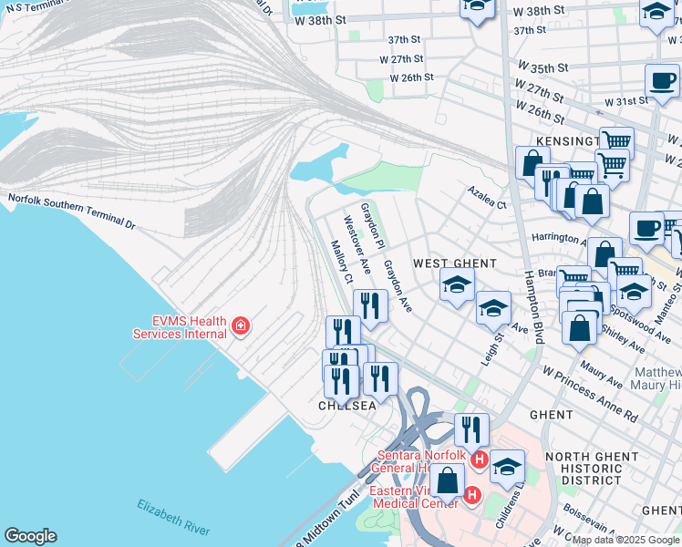 map of restaurants, bars, coffee shops, grocery stores, and more near 1339 Mallory Ct in Norfolk