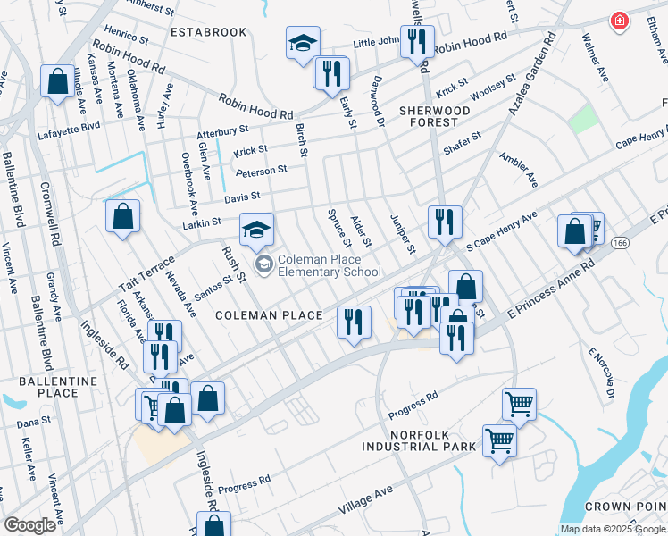 map of restaurants, bars, coffee shops, grocery stores, and more near 2401 Birch Street in Norfolk