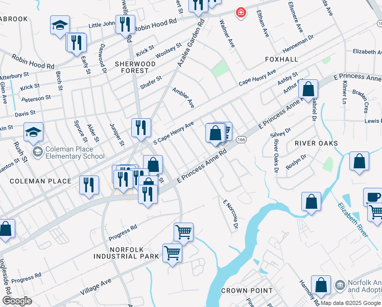 map of restaurants, bars, coffee shops, grocery stores, and more near 1521 Norcova Avenue in Norfolk