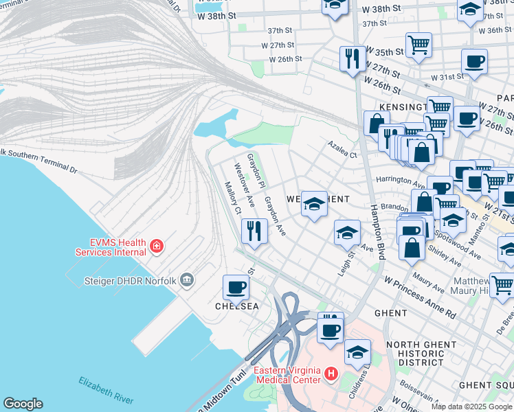map of restaurants, bars, coffee shops, grocery stores, and more near 1324 Westover Avenue in Norfolk