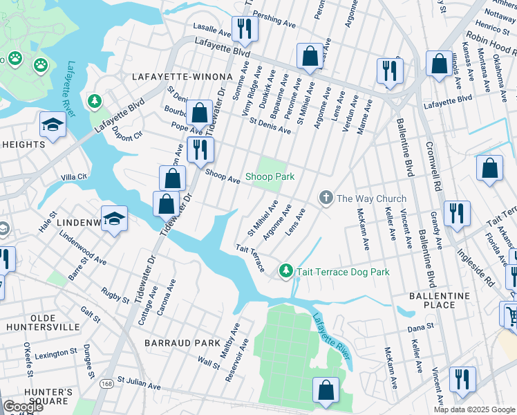 map of restaurants, bars, coffee shops, grocery stores, and more near 2714 Peronne Avenue in Norfolk