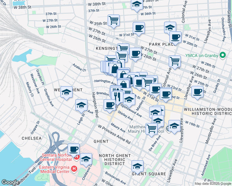 map of restaurants, bars, coffee shops, grocery stores, and more near 817 Gates Avenue in Norfolk
